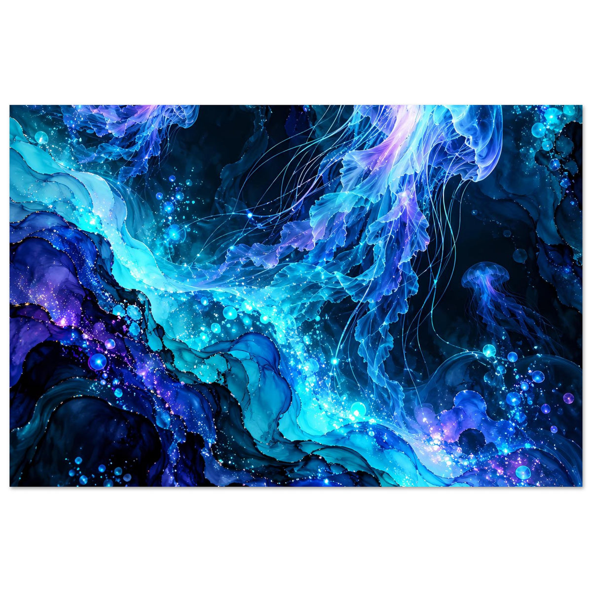 Leuchtendes Quallen-Poster im Querformat mit blauen Quallen, violetten Nuancen und funkelnden Partikeln