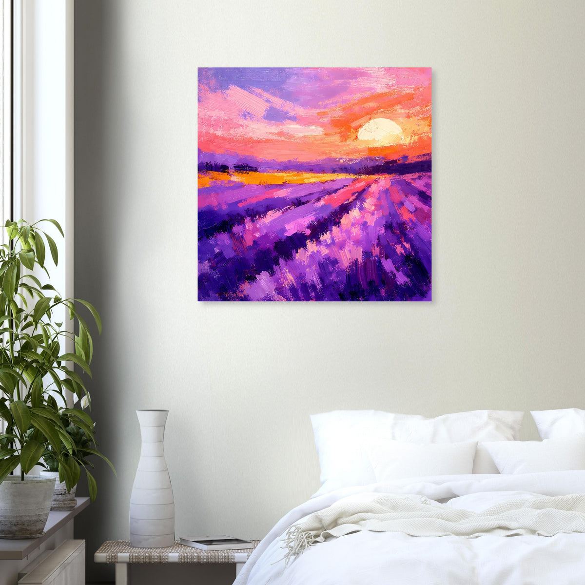 Poster im Rahmen mit Lavendelfeld, orangefarbener Sonne und violetten Wegen