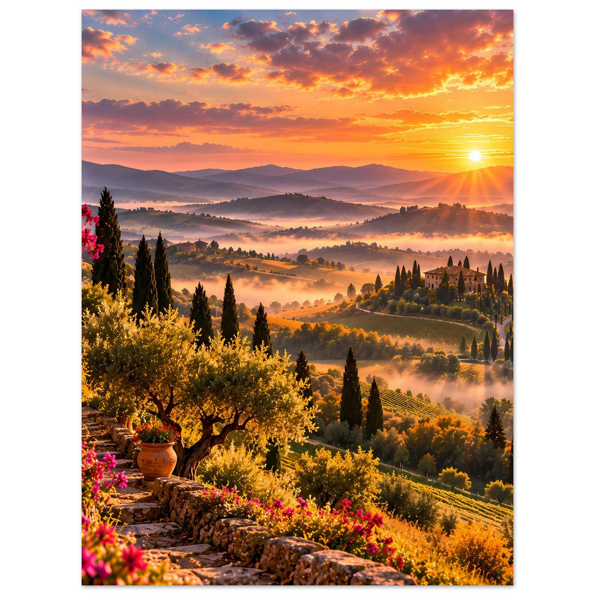 Hochformat-Posterdruck mit warmem Sonnenaufgang über Tälern, Zypressen und Hügelhäusern