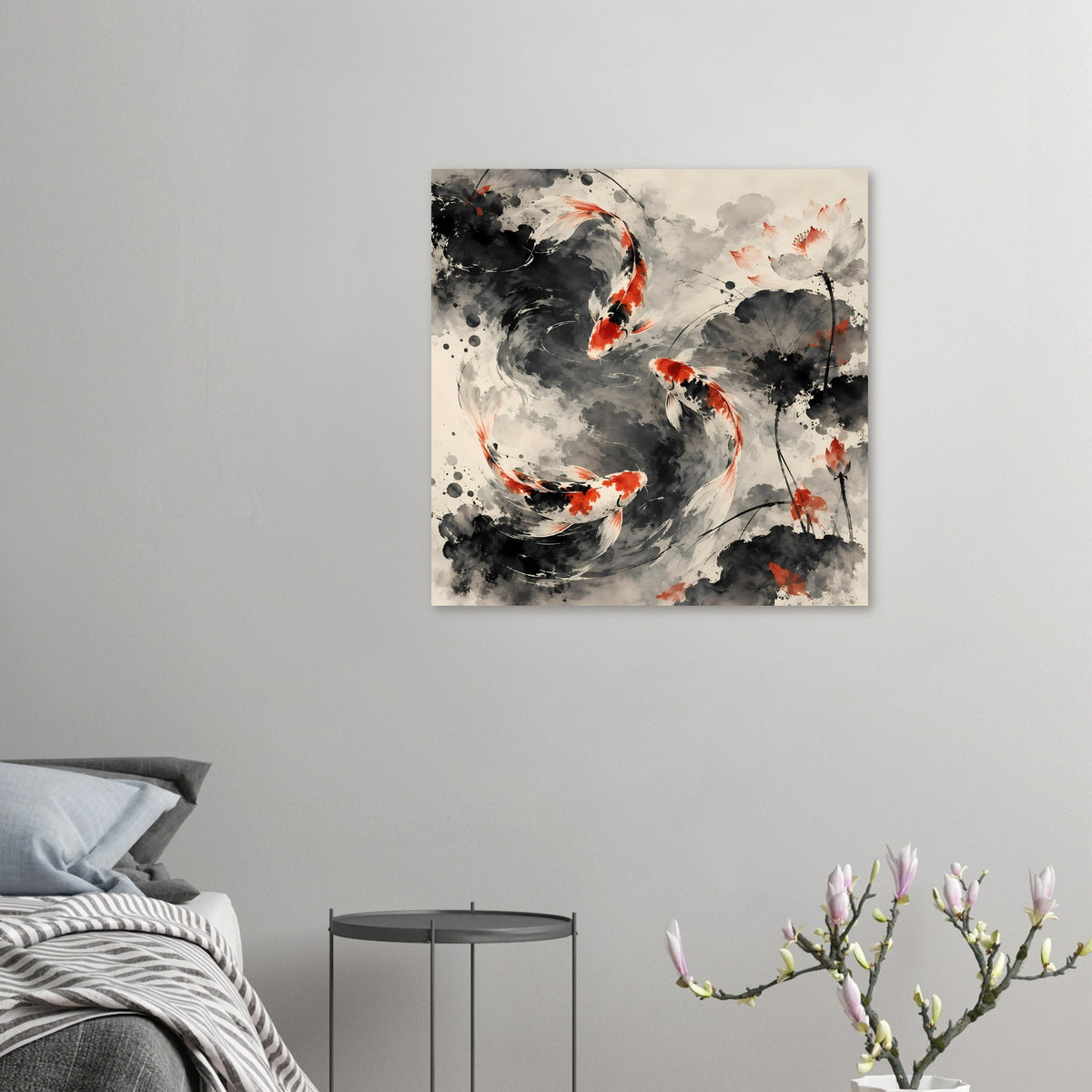 Kleines Wandposter mit Koi-Fischen im Tusche-Stil, grau-schwarz und orange, querformat