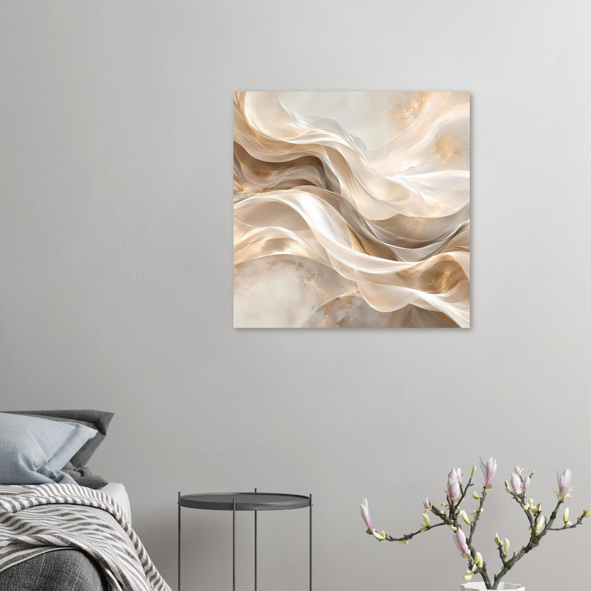 Quadratisches abstraktes Leinwand-Poster mit Creme- und Goldwellen