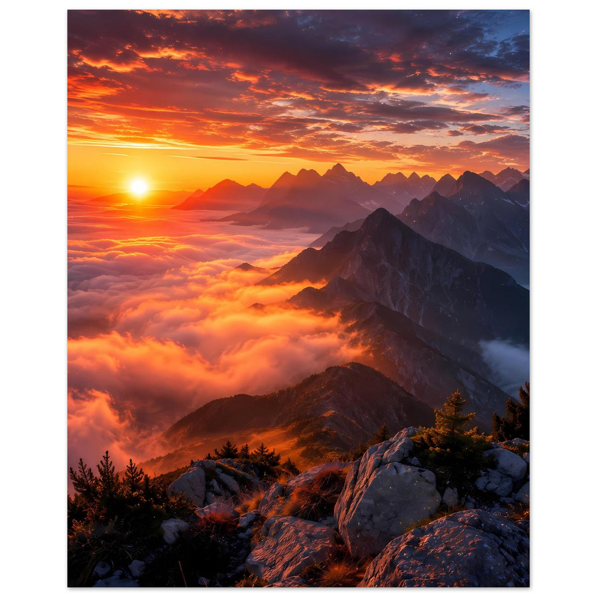 Wandposter Hochformat mit Sonne links, Berge und Wolkenmeer, dunkle Fichten am Rand, Sonnenuntergang.