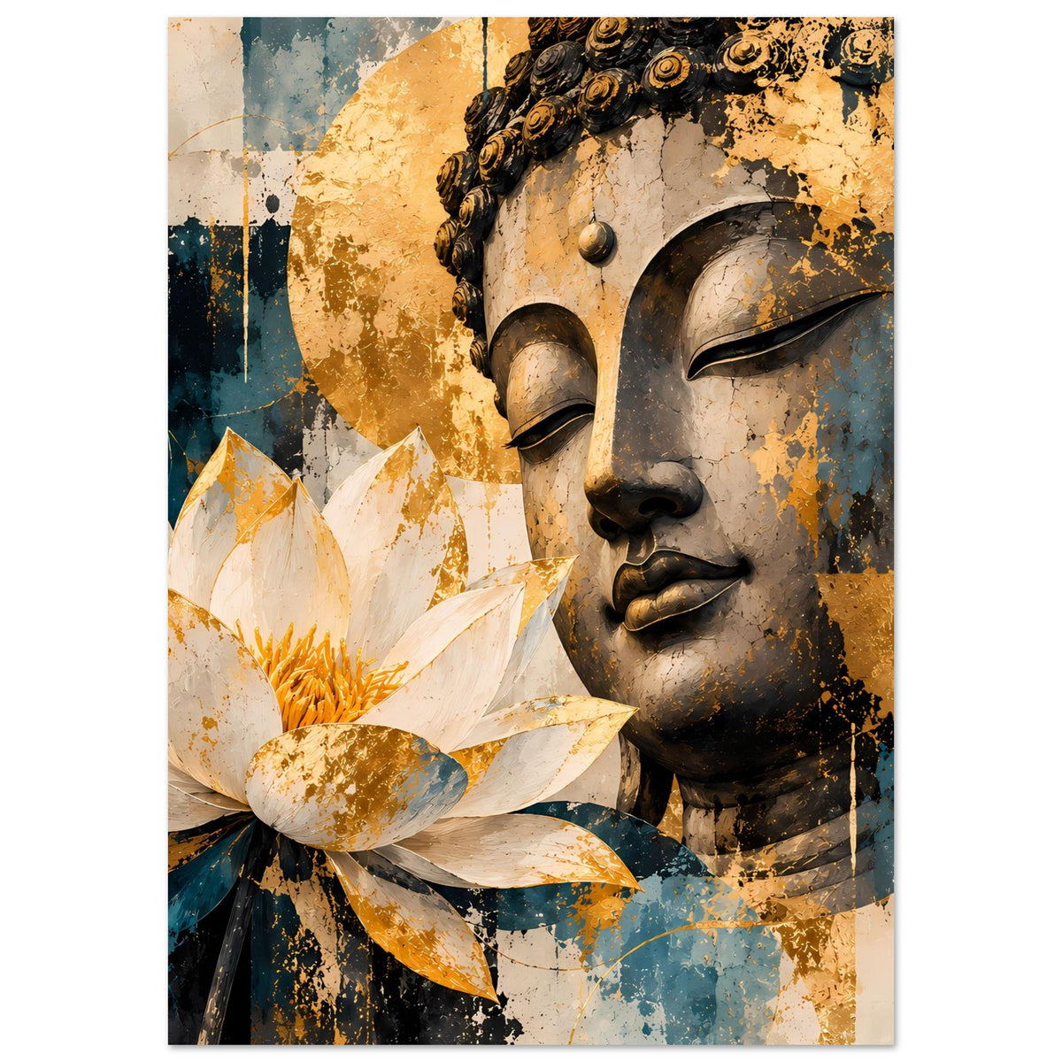 Vertikales Buddha-Poster mit Lotusblüte links und Buddha-Porträt rechts, gold- und türkisfarbene Linien