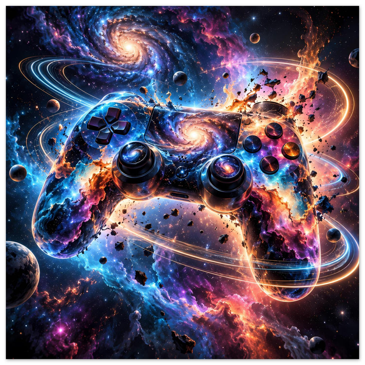 Gaming-Poster mit Weltraum-Controller-Motiv: Galaxie, Nebel, Planeten und Ringe