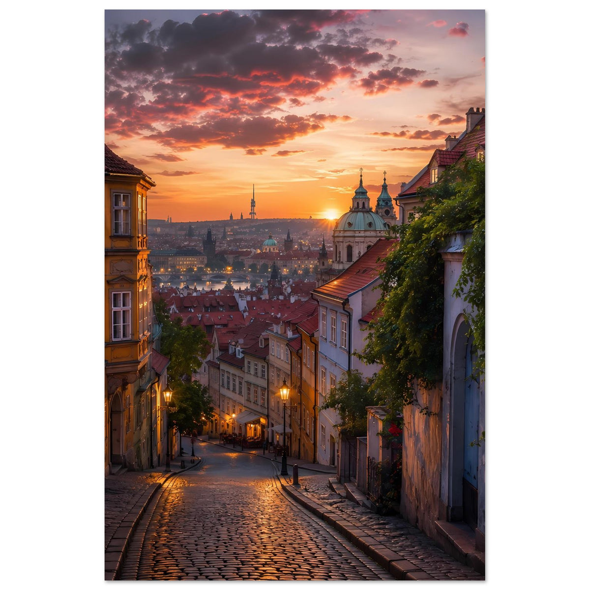 Hochformat-Stadtansichts-Poster mit Abendhimmel, beleuchteter Straße und Prager Kirche