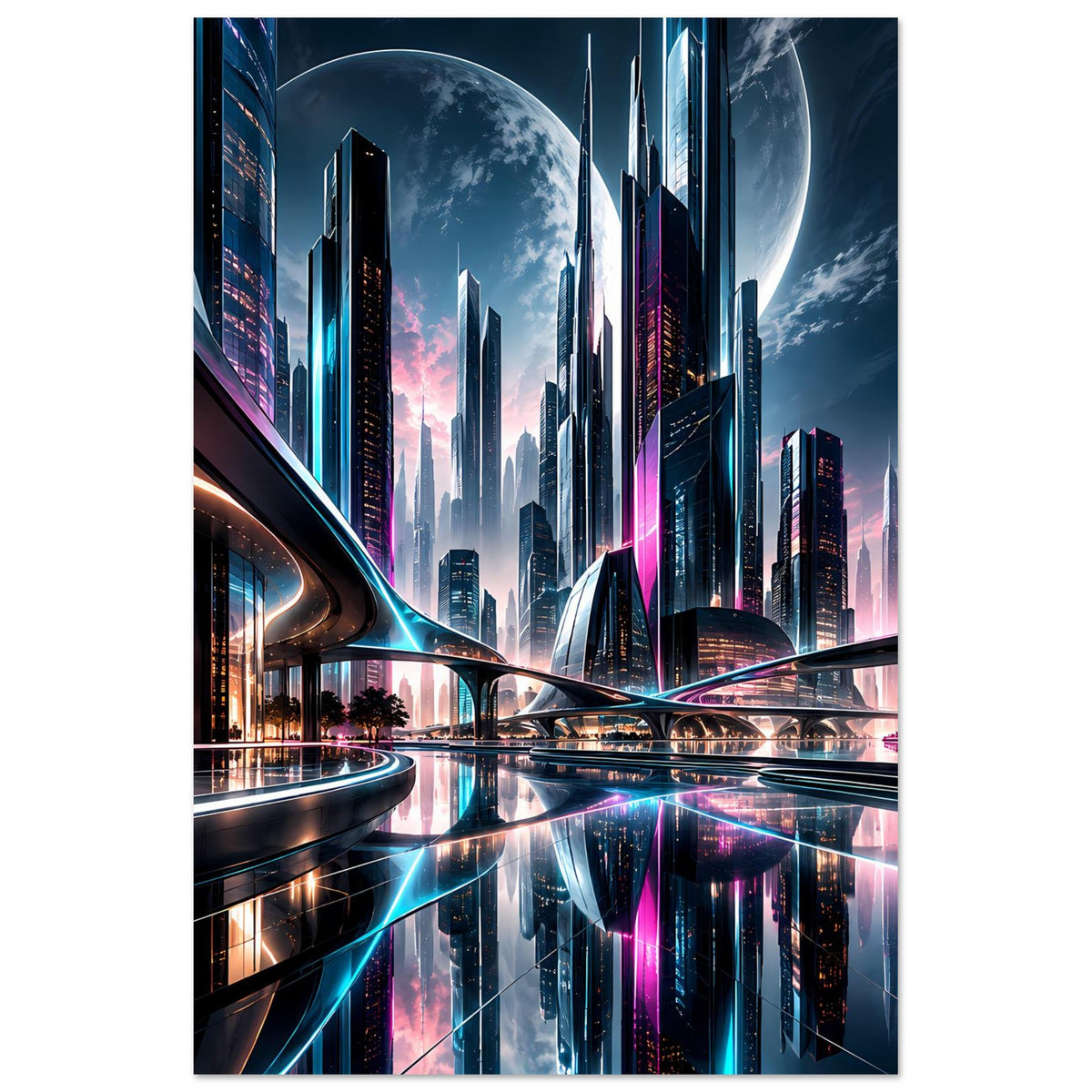 Vertikales Neon-Stadt-Poster mit Skyline, großer Planetenscheibe und leuchtenden Gebäudekanten