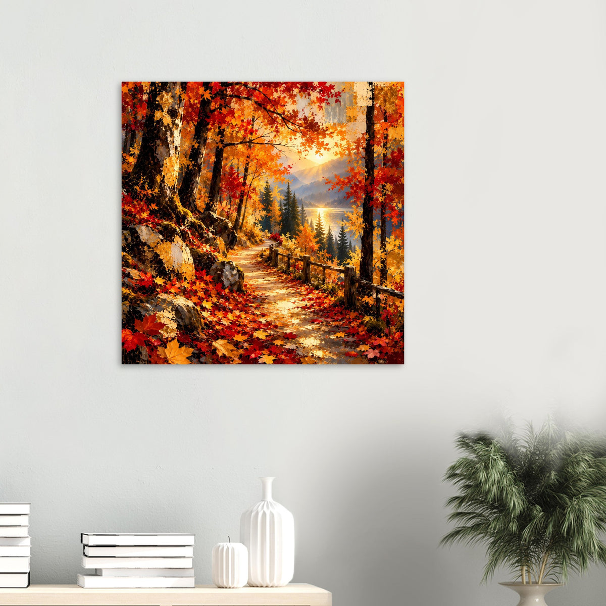 Quadratisches Wandposter mit Waldweg im Herbst, orangefarbenen Blättern und Abendhimmel