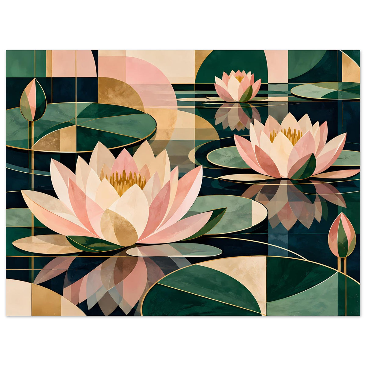 Lotus-Grafikposter mit mehreren Lotusblüten, grünen Blättern und geometrischen Linien
