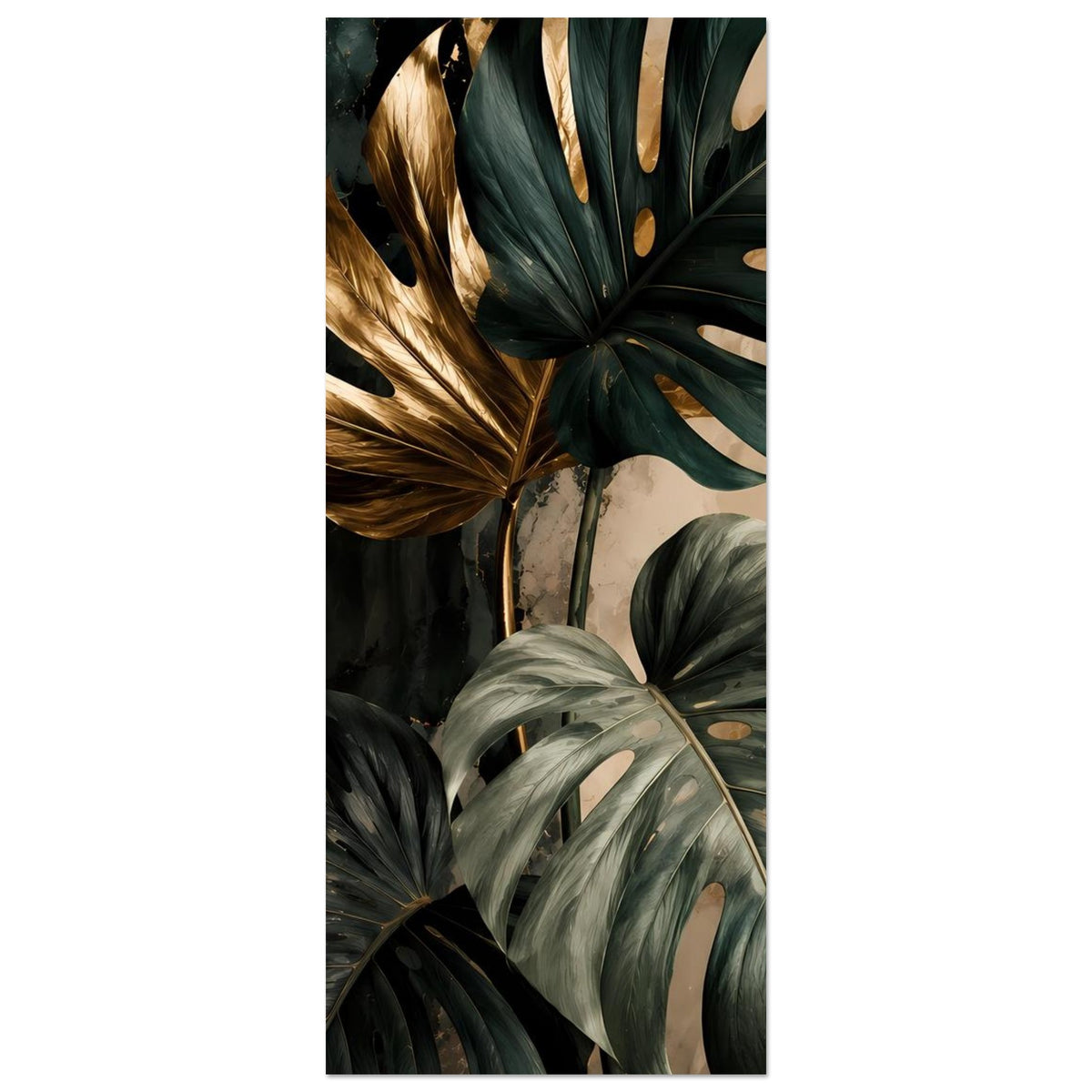 Schmales Monstera-Blätter-Poster mit dunkelgrünen und goldenen Blattakzenten