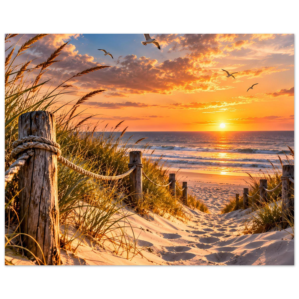Strand-Poster: Sonnenuntergang am Meer mit Sanddünen, Schilf und mehreren fliegenden Möwen