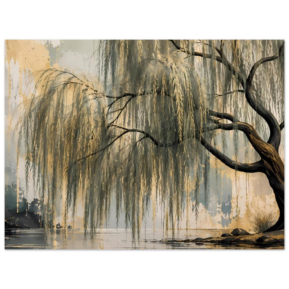 Wandposter im Querformat: Weidenbaum über Wasser, dunkle Äste, Steine am Ufer, gold-blau.