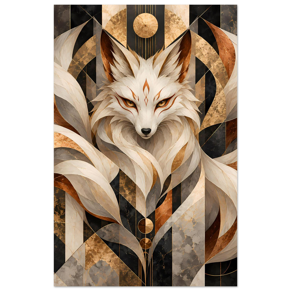 Geometrisches Fuchs-Poster: Fuchskopf im Zentrum mit goldenen Kreisen und Rautenformen