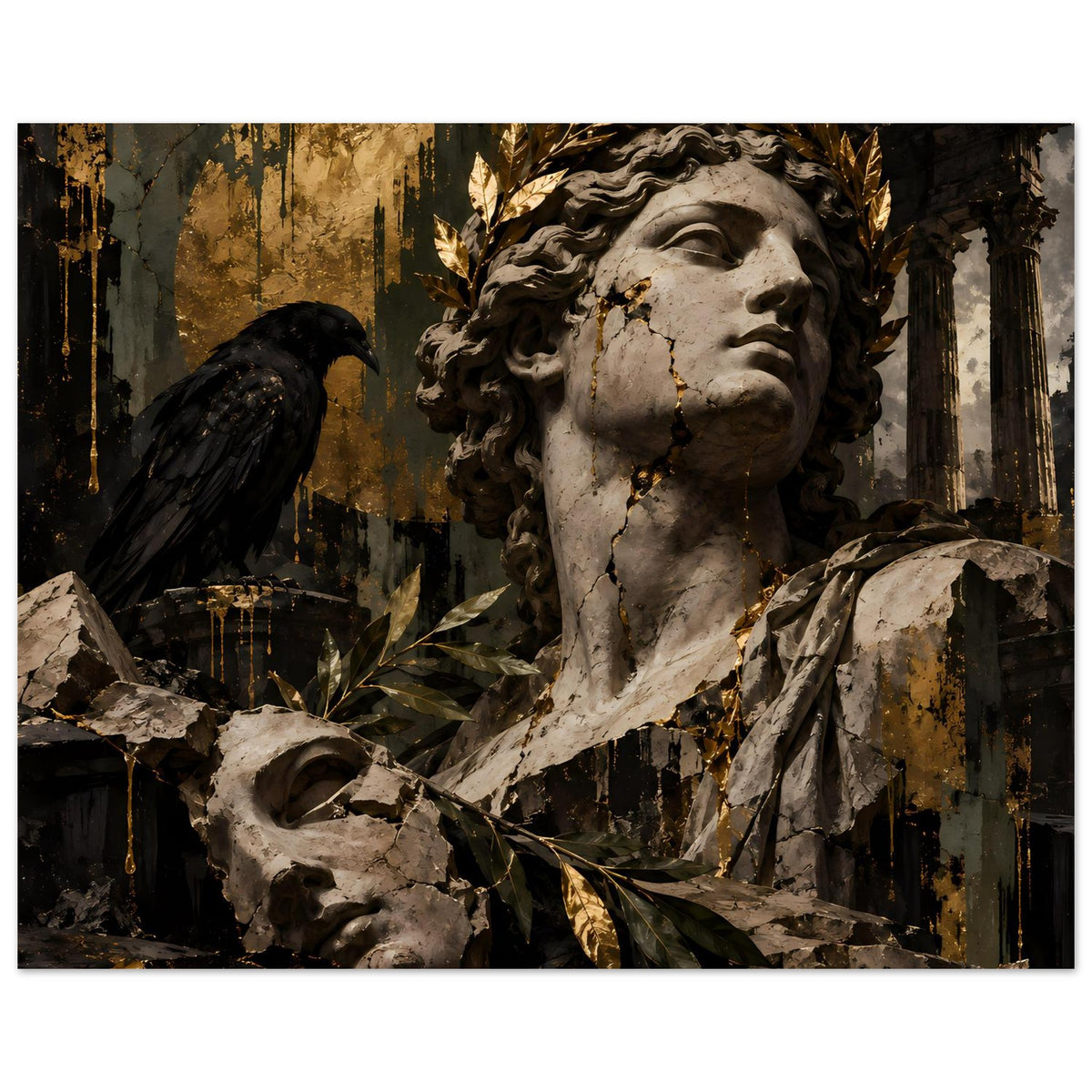 Barockes Poster mit Frauenskulptur, Goldlaub am Kranz und schwarzem Vogel
