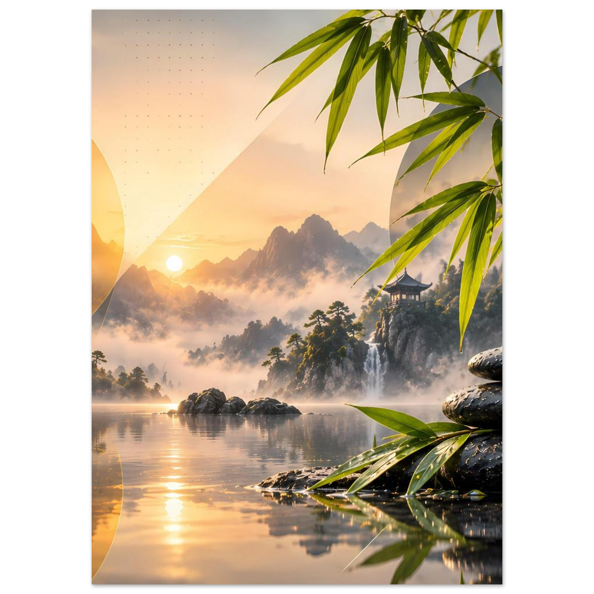 Vertikales Poster mit Bambusgrün im Vordergrund, Sonnenaufgang über See, Steinstapel