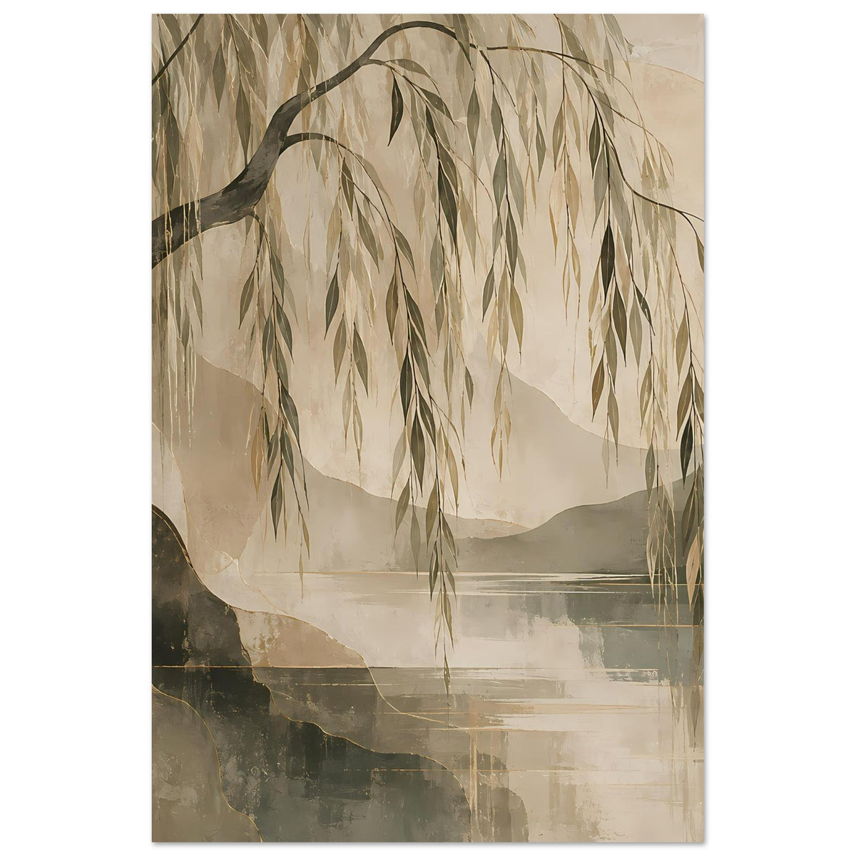 Artposter im Hochformat mit hängenden Weidenblättern und Spiegelung im Wasser, erdig gedämpft