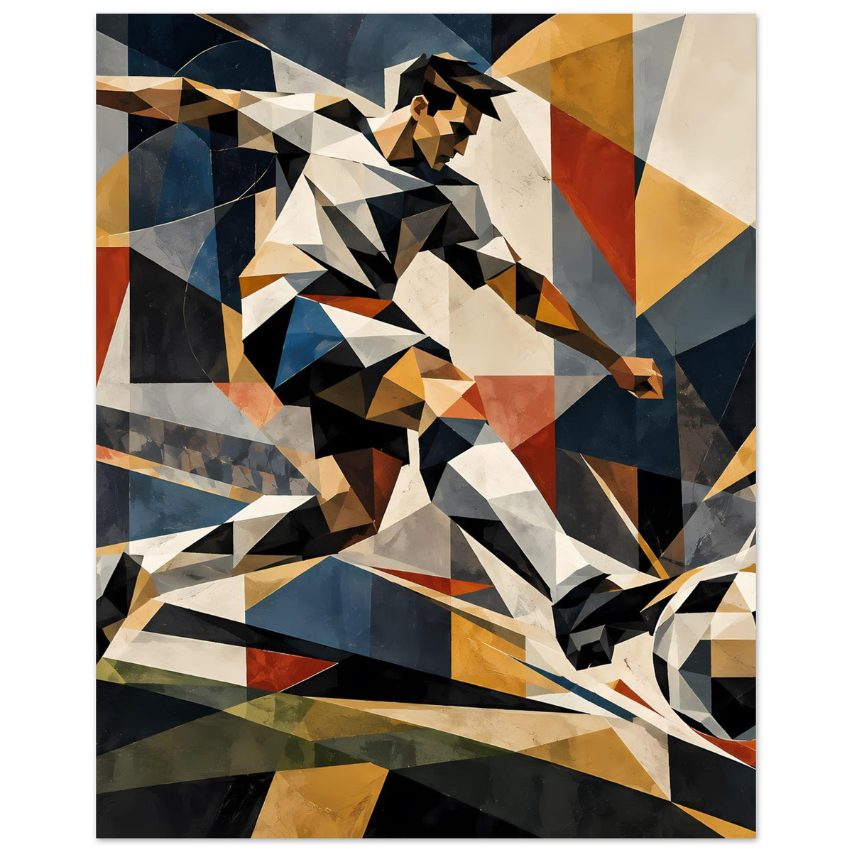 Abstraktes Fußballspieler-Poster: polygonaler Fußballer im geometrischen Stil, Farbfelder in Blau und Gold