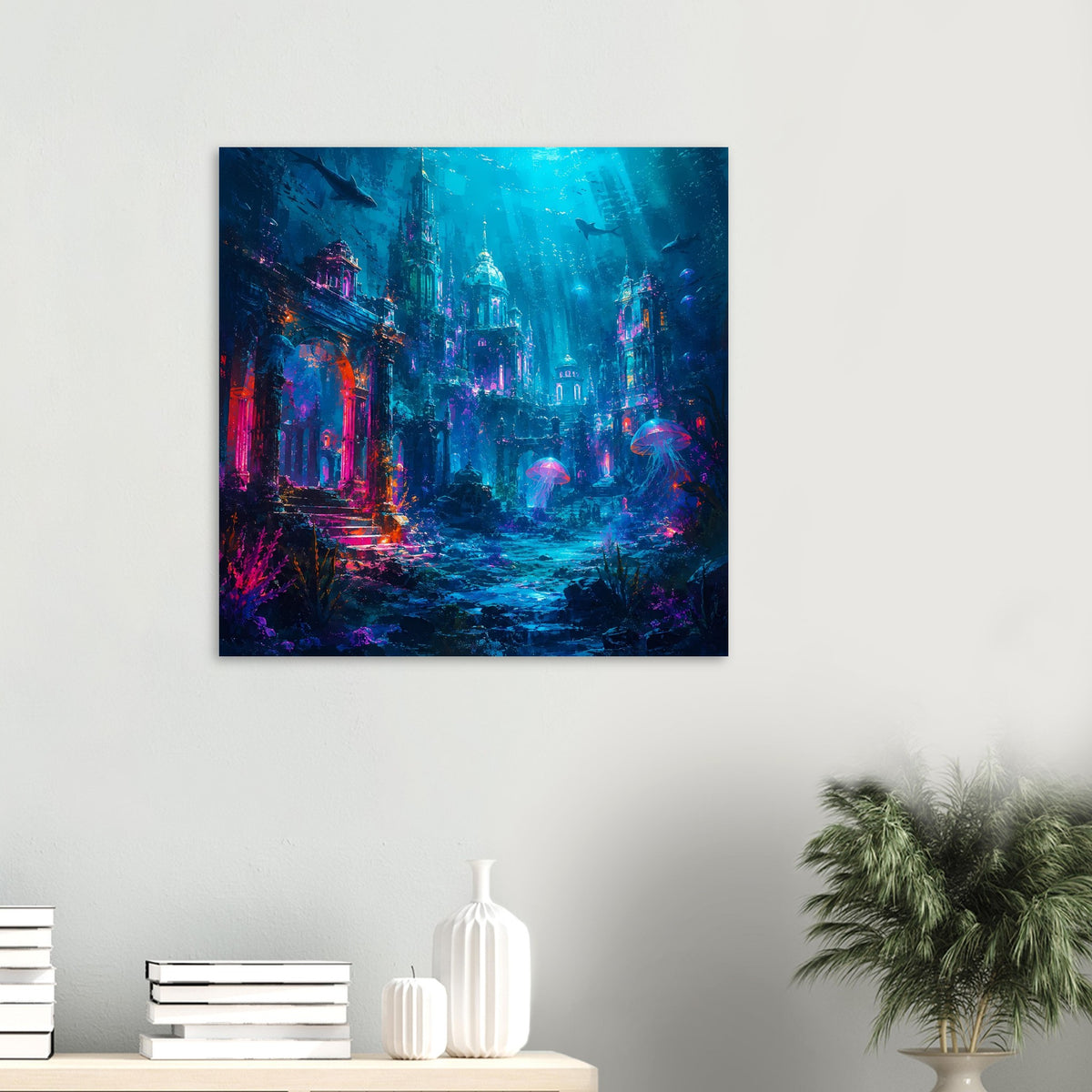Quadratisches Poster mit versunkener Unterwasserstadt und leuchtenden Quallen, blau-pink