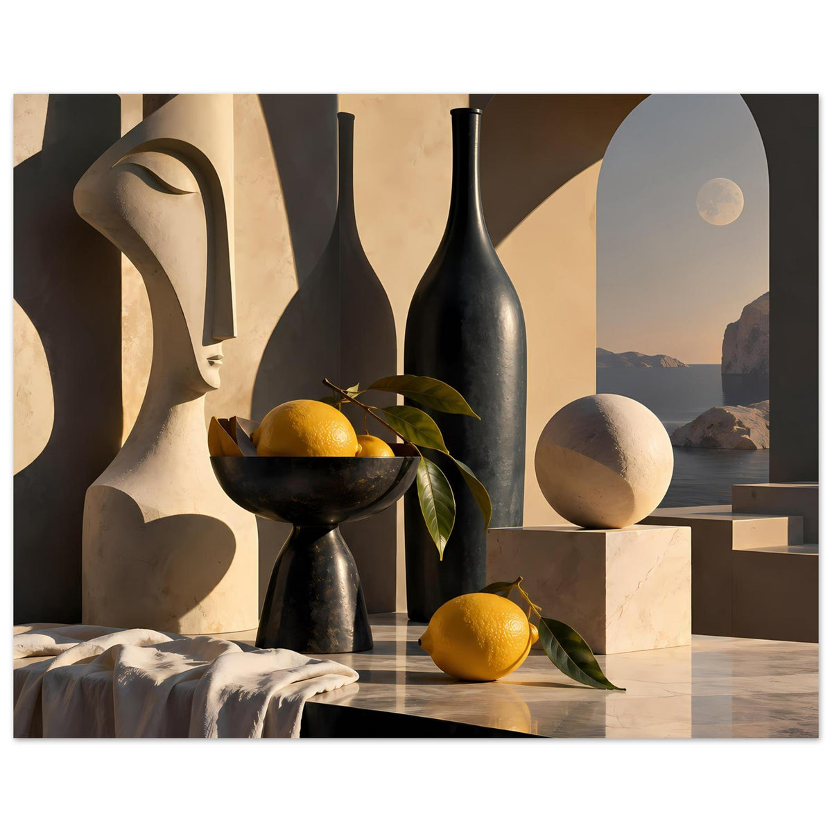 Poster im Querformat: Stillleben mit schwarzer Vase, Schale mit Früchten, gelbe Zitrone, Steinobjekt
