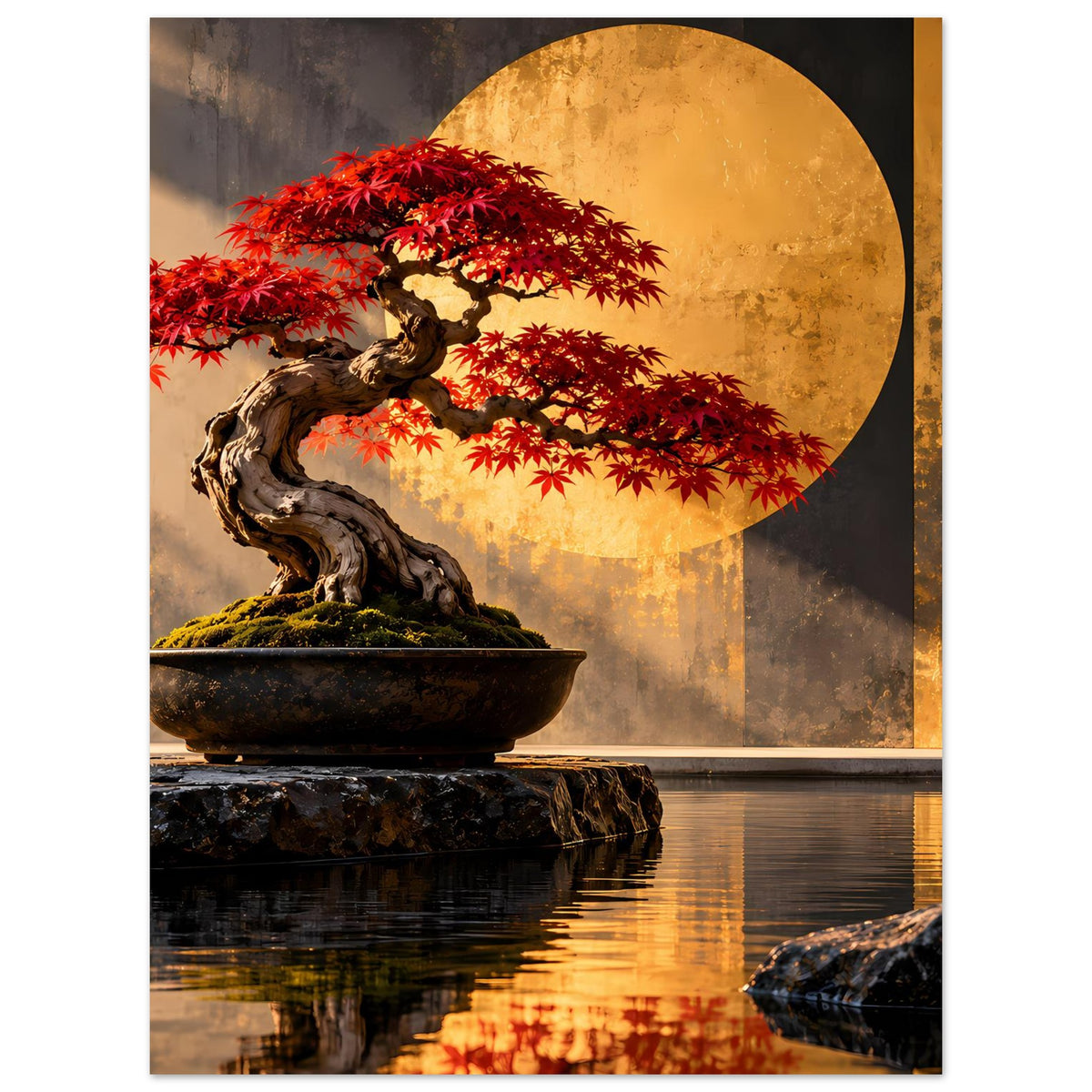 Bonsai-Poster: roter Baum mit gedrehtem Stamm und runder Sonne, auf Sockel vor Wasser