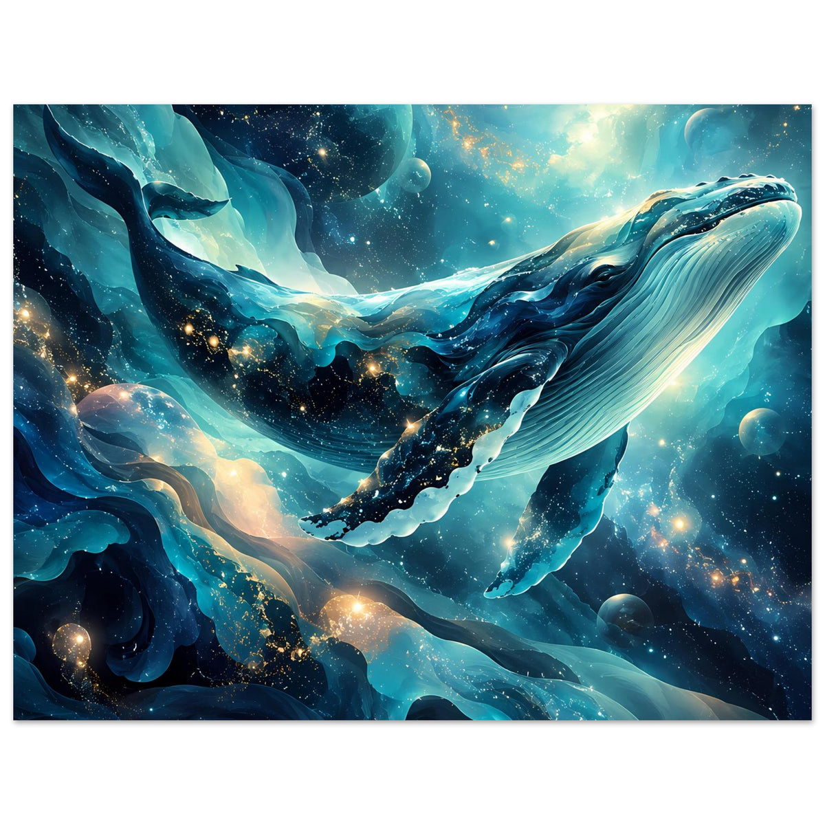 Horizontales Poster: galaktischer Wal zwischen blauen Wellen, goldene Leuchtpunkte