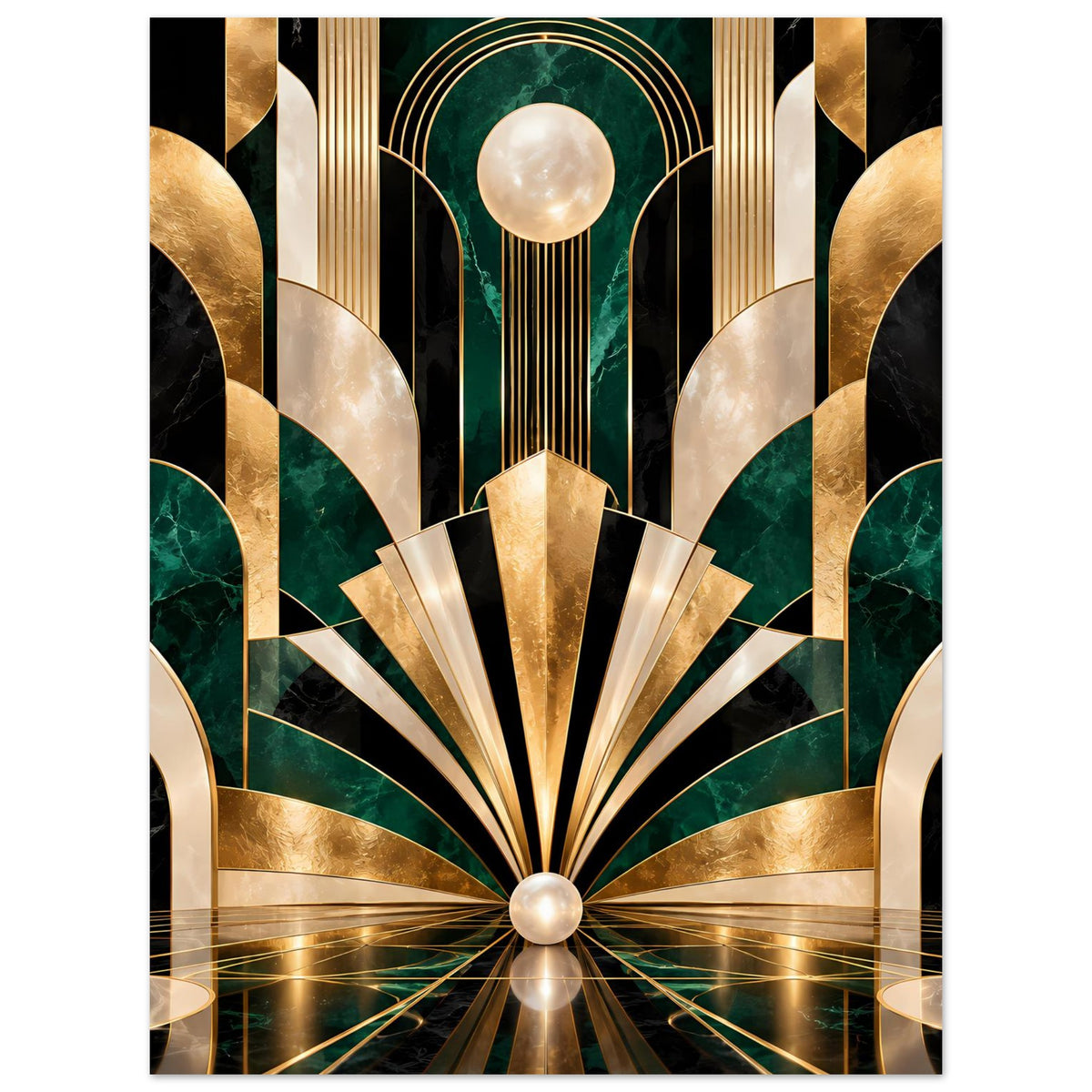 Art-Déco-Poster mit Gold-, Smaragd- und Schwarzelementen, geometrisches Fächerdesign