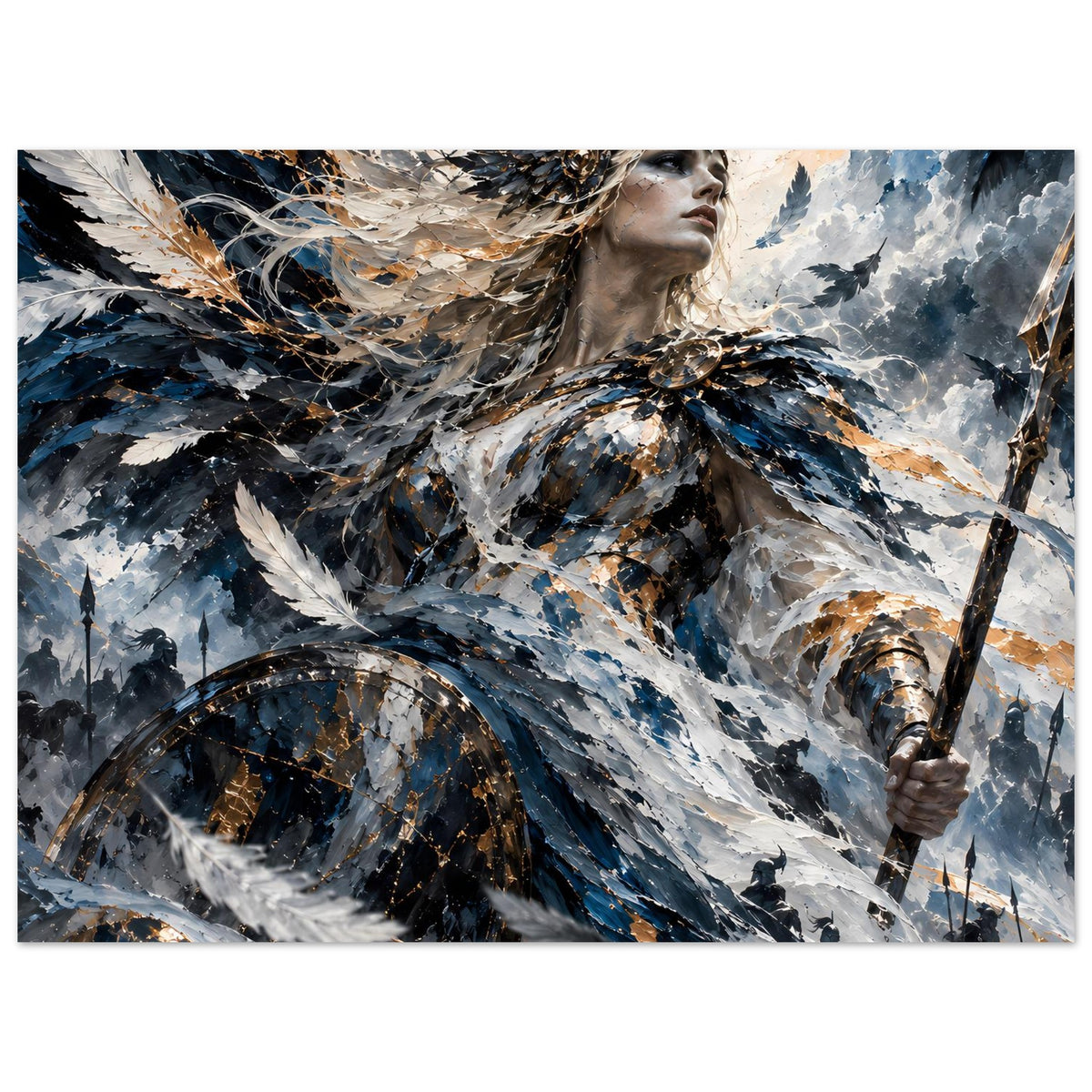 Kunstposter im Querformat: Valkyrie-Kriegerin, Federflügel und Schwert