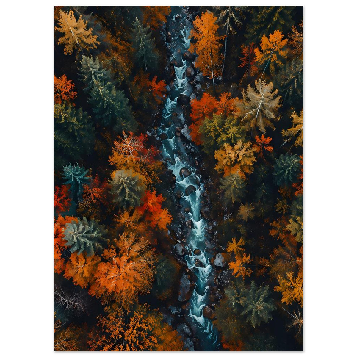 Poster mit Herbstwald und Flusslauf, orangefarbene Baumkronen im dichten Wald