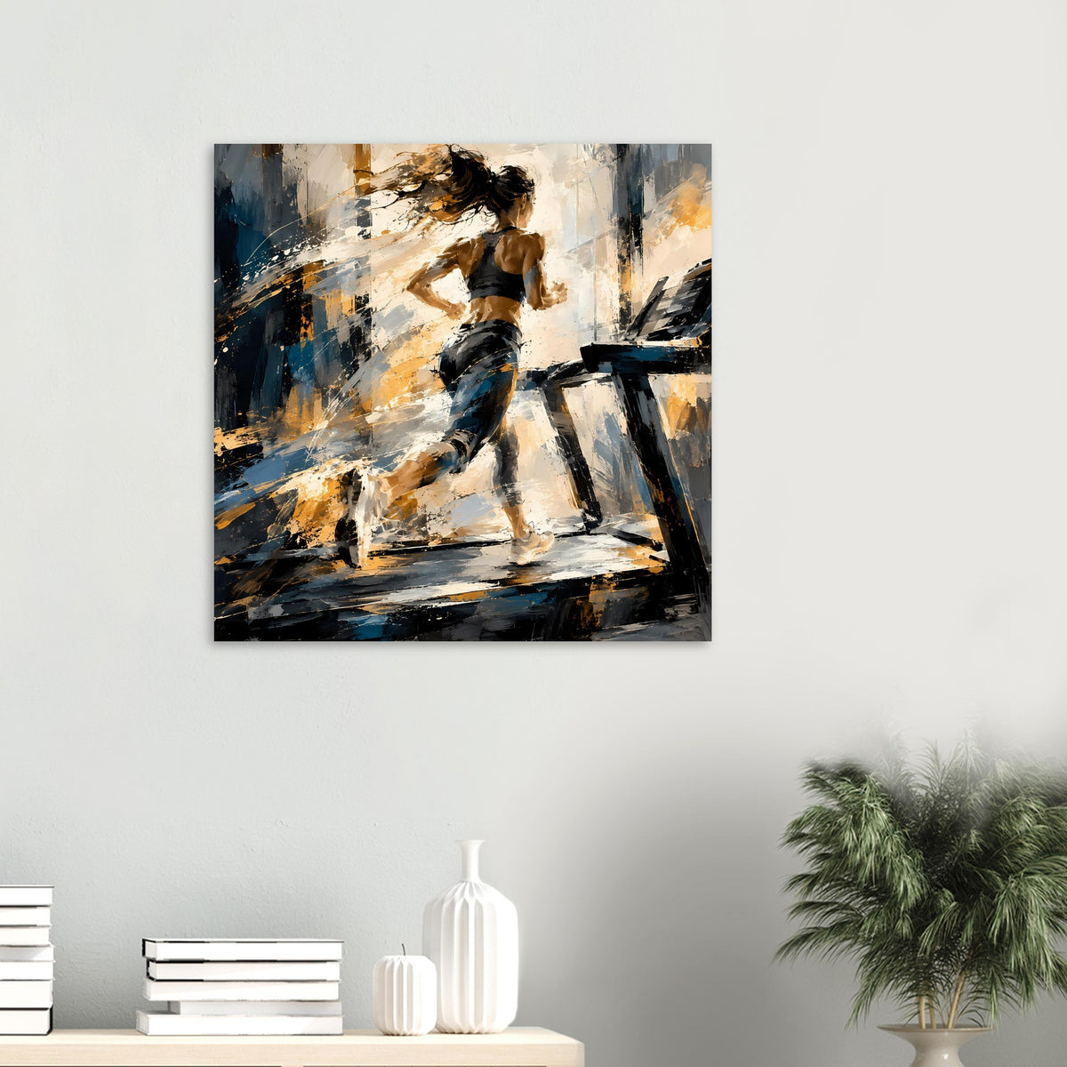 Quadratisches Laufposter mit abstrakter Läuferin, Pinselstriche in Schwarz, Blau, Gold