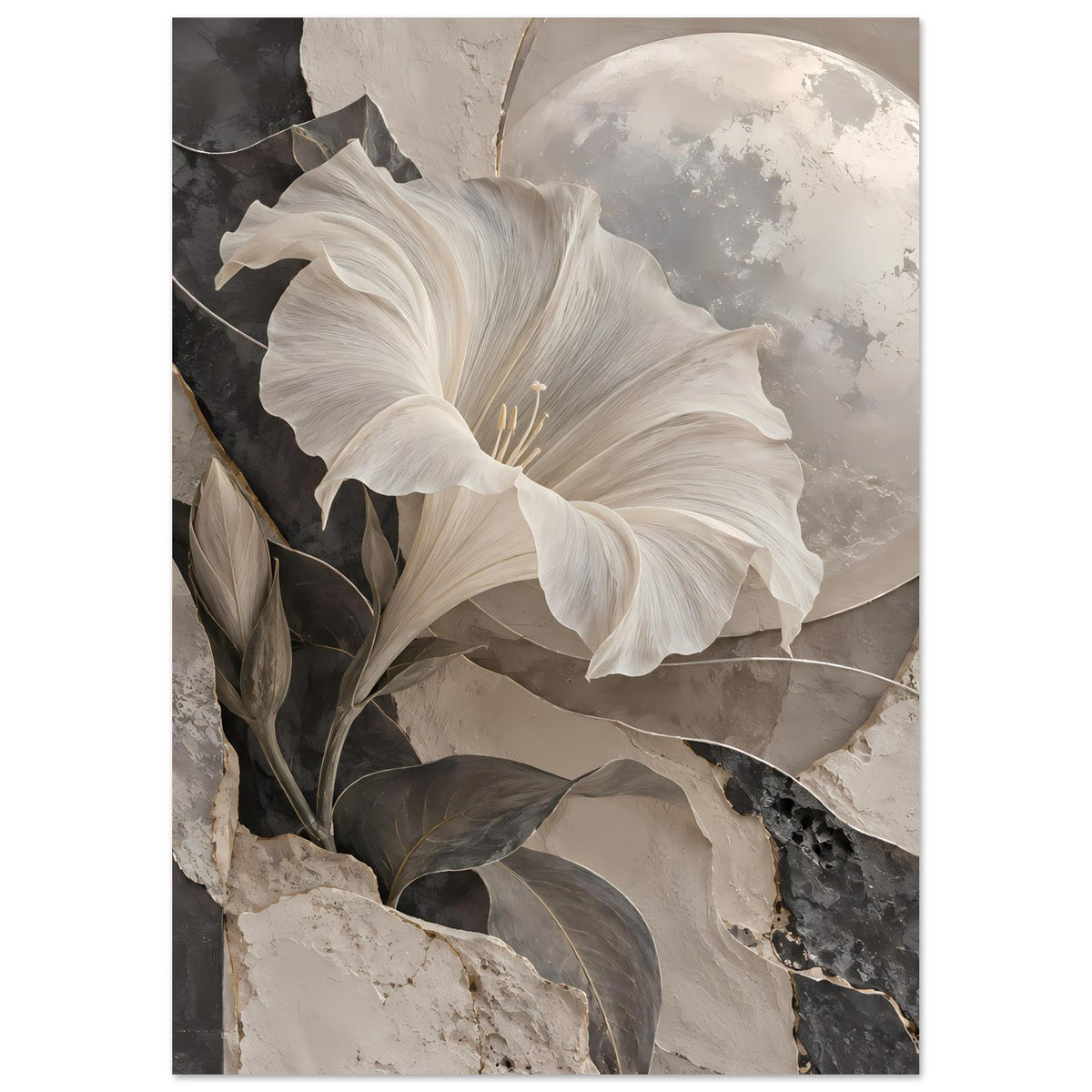 Kunstposter mit weißen Lilienblüten, dunkelgrünen Blättern und Mondkreis über Strukturfläche
