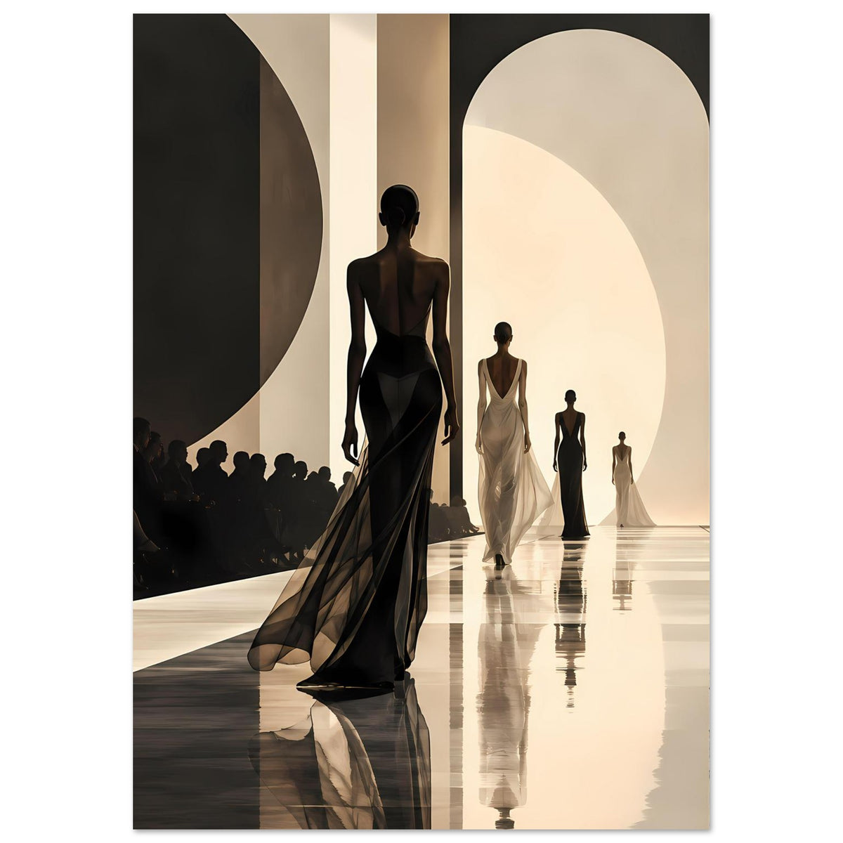 Poster mit Laufsteg-Models in Schwarz und Creme, elegante Silhouetten, vertikal