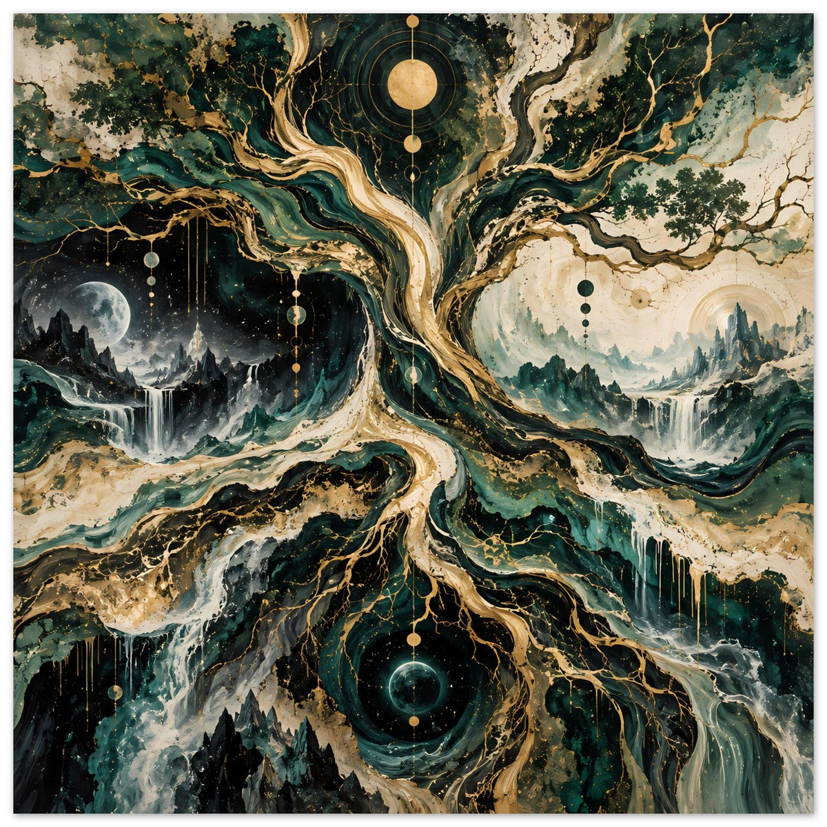 Poster mit kosmischem Baummotiv, mondheller Himmel rechts und felsige Wasserfälle im Hintergrund