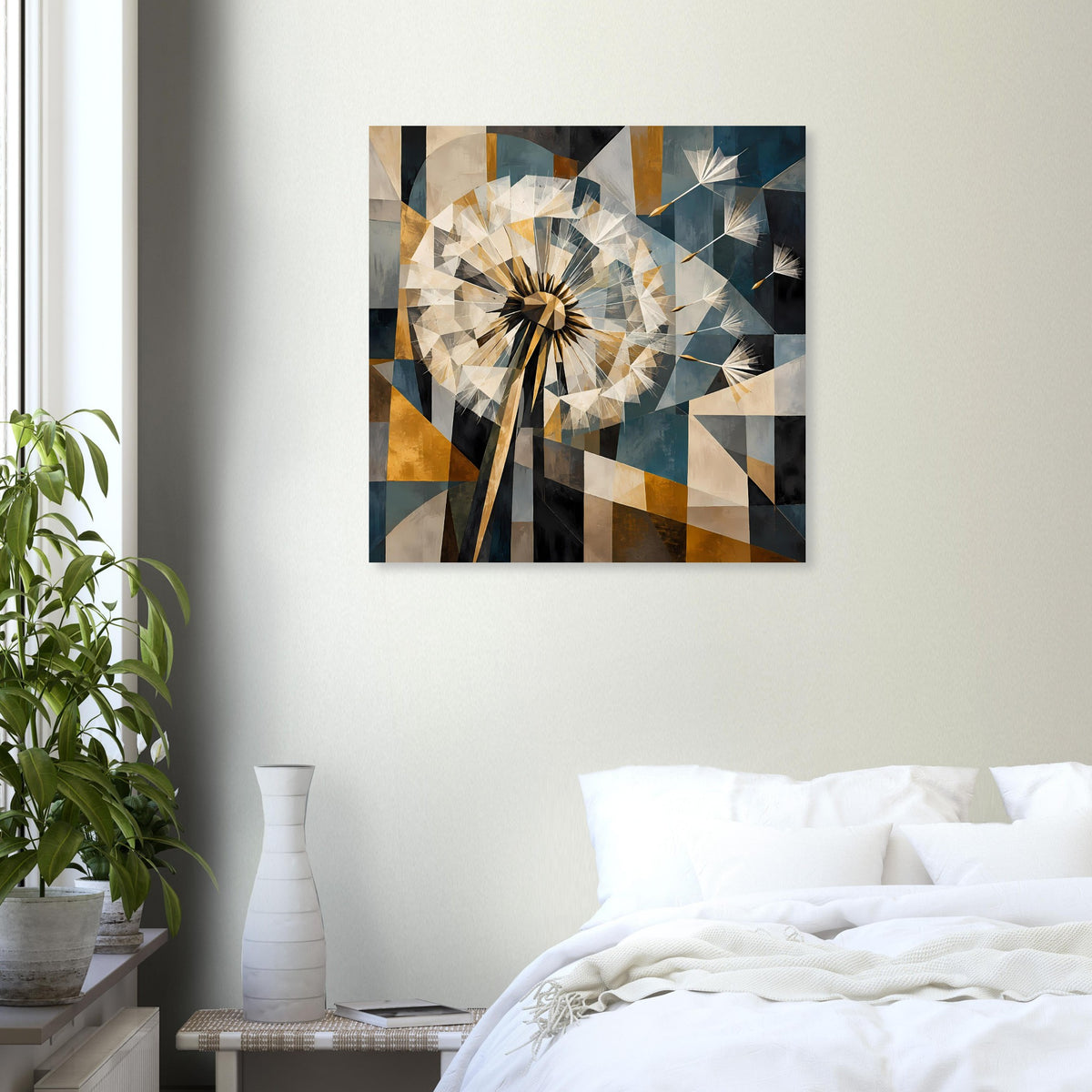 Gerahmtes quadratisches Poster mit geometrischem Löwenzahnmotiv und goldbraunen Streifen