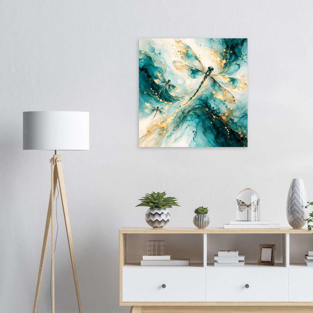 Abstraktes Libellen-Kunstposter, türkis und gold mit feinen Aquarell-Verläufen