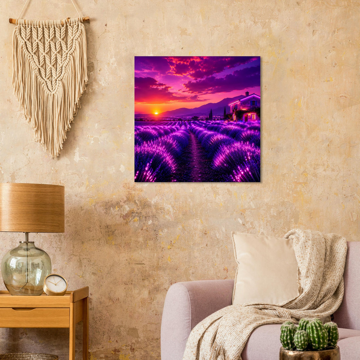 Quadratisches Poster: violette Lavendelfeldreihen unter pink-violettem Sonnenuntergang