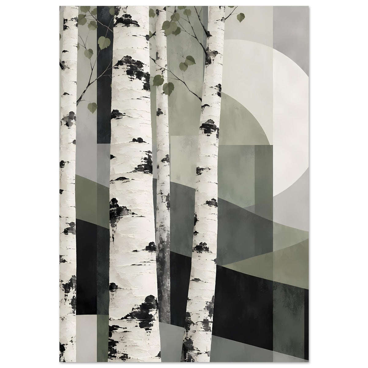 Naturposter Birkenwald in gedeckten Erdtönen, Kontrast Birkenstämme mit abstrakten Formen