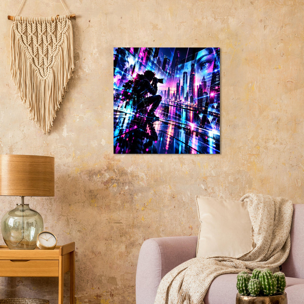 Rechteckiges Poster: Cyberpunk-Neonstadt bei Nacht mit silhuettierter Figur und bunten Lichtern