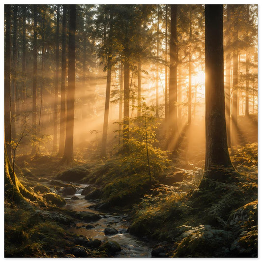 Naturposter: Wald mit moosigem Bach und goldenen Sonnenstrahlen zwischen hohen Bäumen
