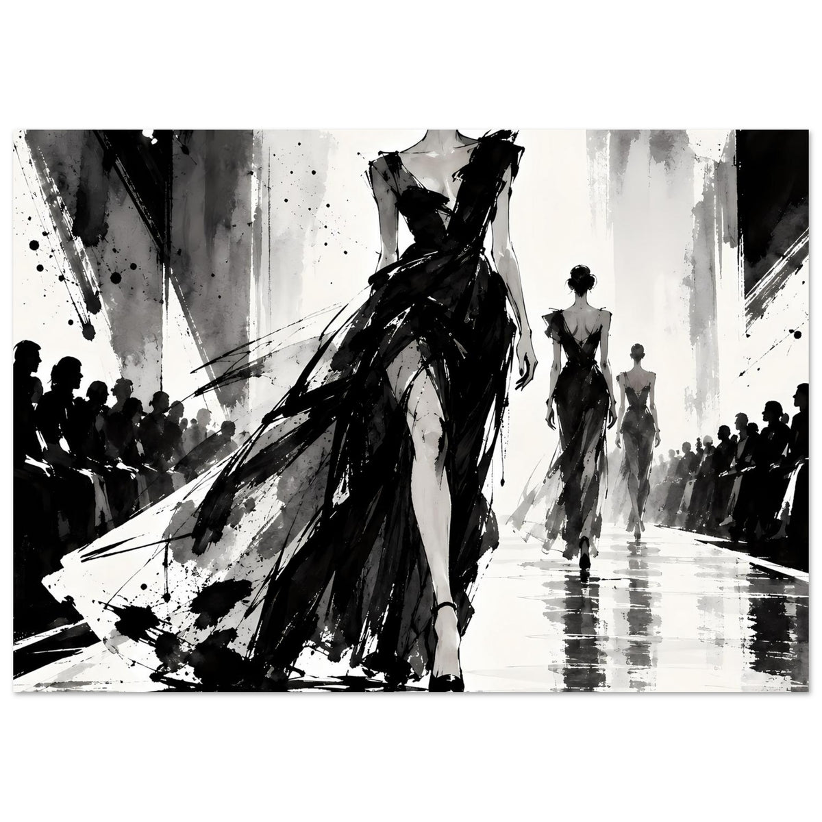 Schwarzweiß-Modeillustration als Poster: Frau im langen Kleid, breite Szene mit Silhouetten entlang der Seiten.