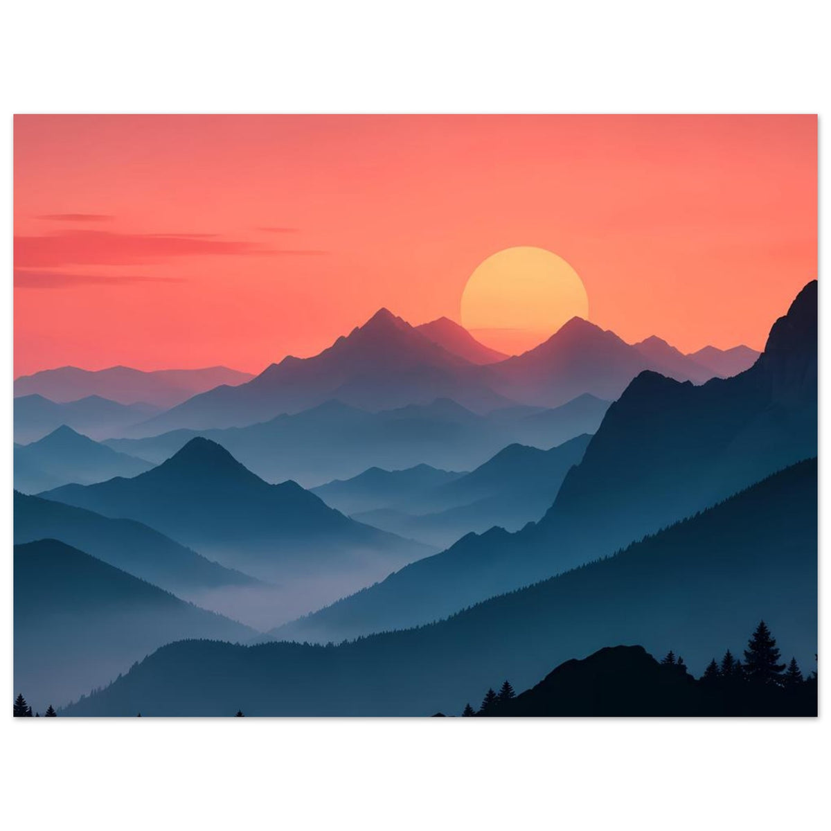 Landschaftsposter mit großem Sonnenkreis und mehrstufigen blauen Berglagen