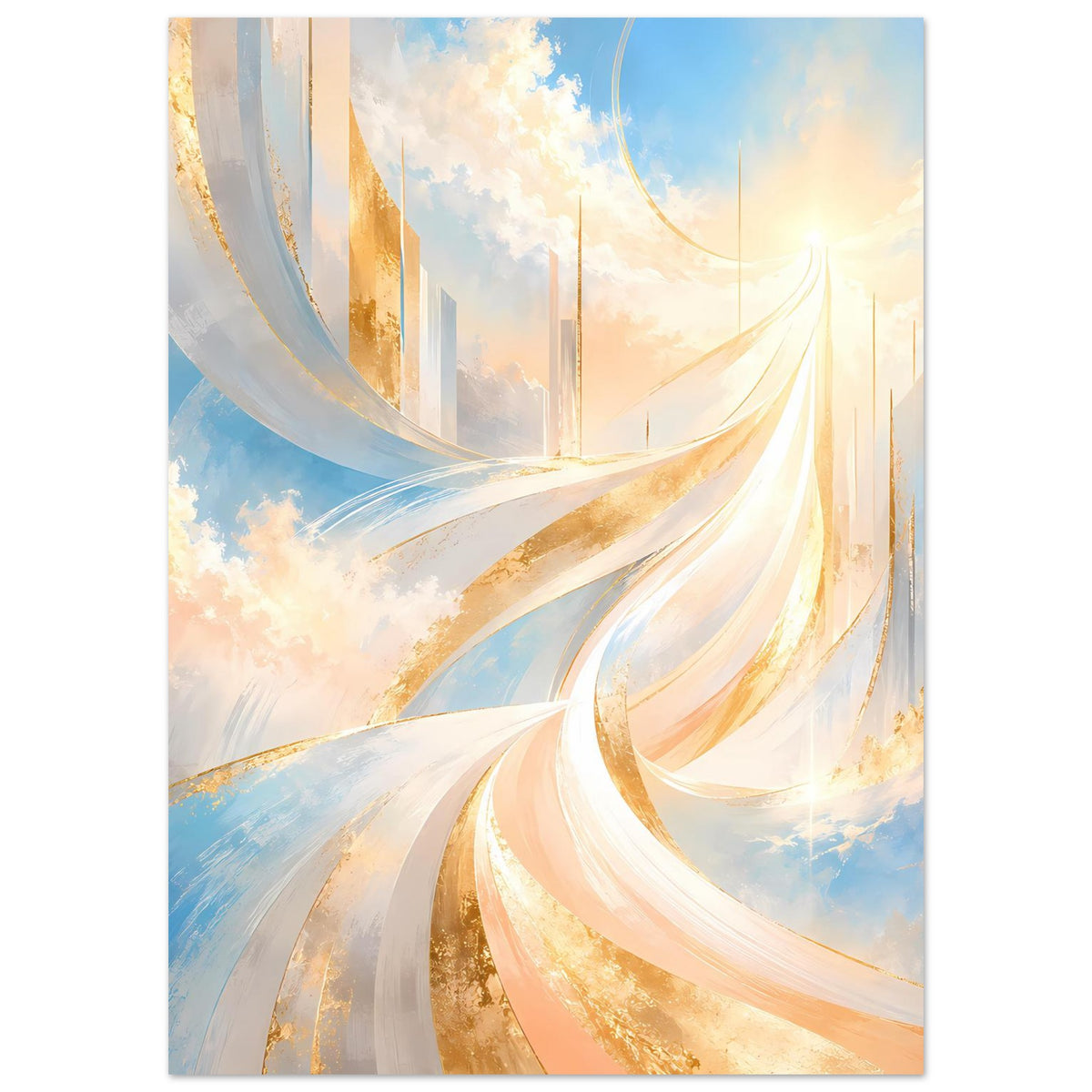 Abstraktes Poster, hochkant: geschwungene goldene Streifen und weiße Kurven im Wolkenlook
