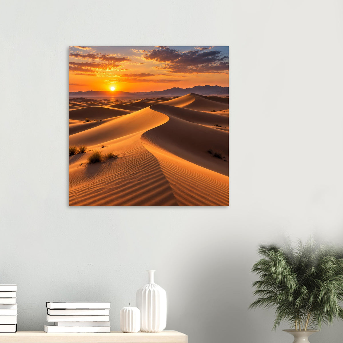 Wüsten-Sonnenuntergang-Poster im quadratischen Format: geschwungene Sanddünen mit Sonnenuntergang