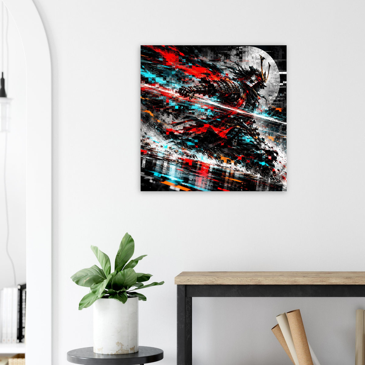 Quadratisches Samurai-Action-Poster mit roten Energie-Linien und cyanfarbenen Fragmenten, schwarz gerahmt