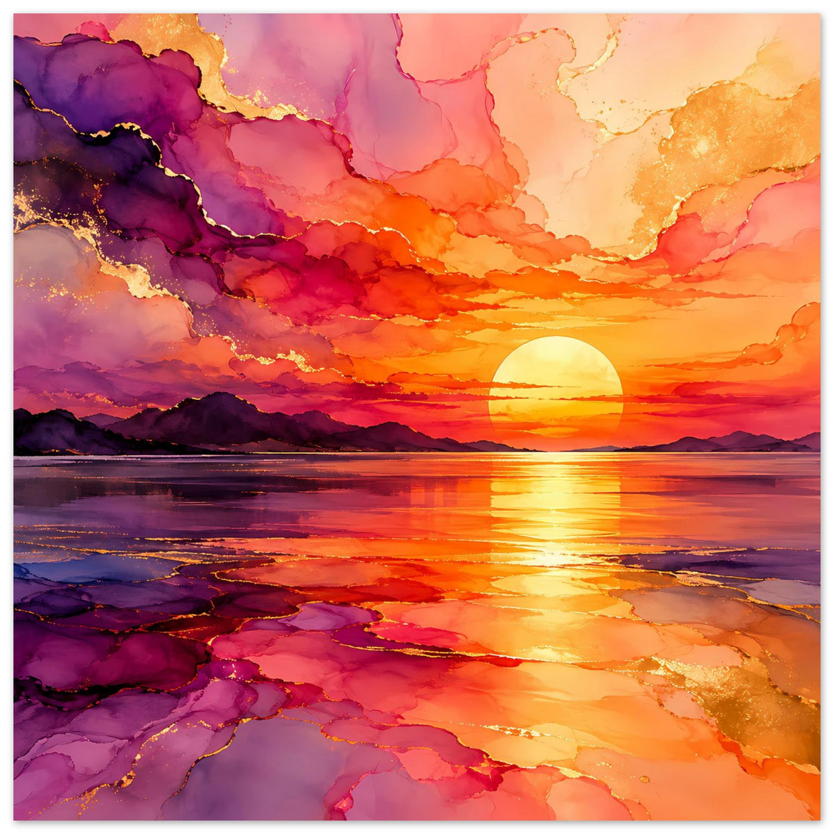Sonnenuntergangs-Poster mit Blick auf Berge, violette Wolken und goldene Sonne am Horizont