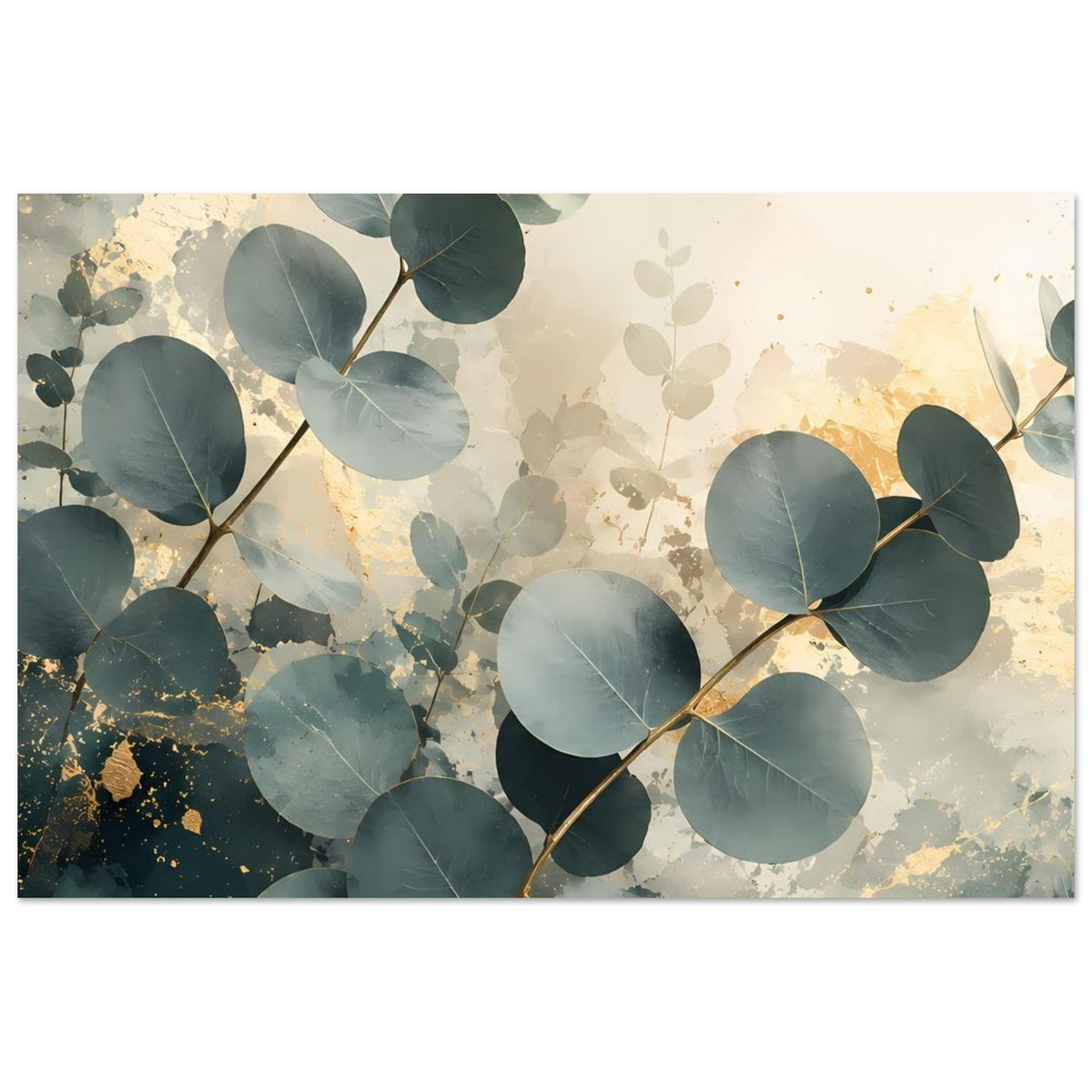 Eukalyptus-Poster im Querformat mit blaugrünen Blättern, goldenen Akzenten und Sprenkeln