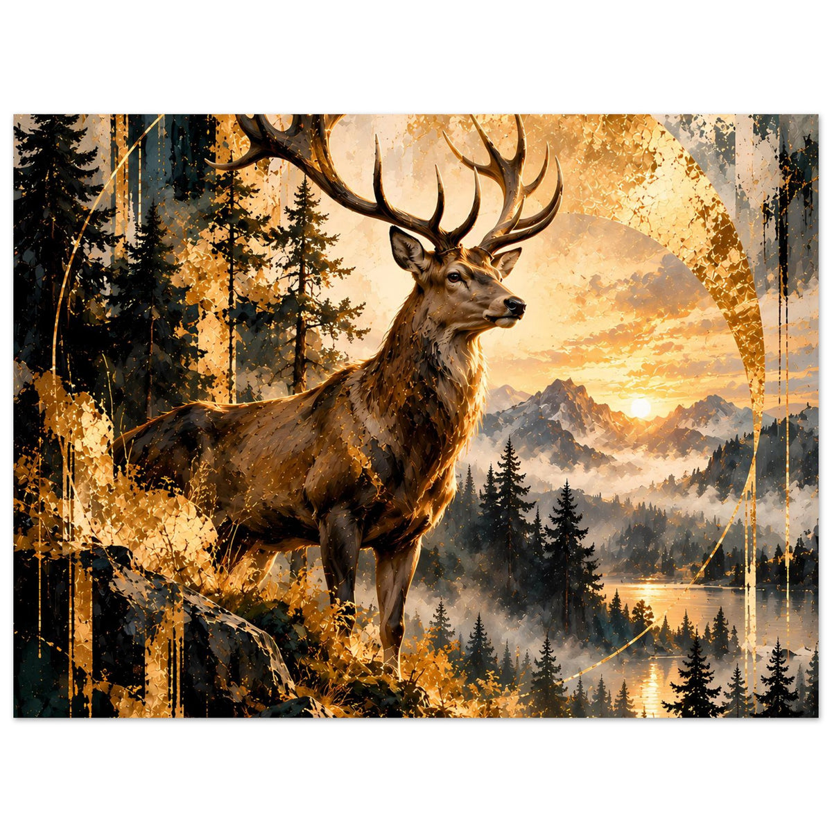 Vertikales Poster mit Hirsch im Vordergrund, Wald, See und goldenes Sonnenuntergangsmotiv