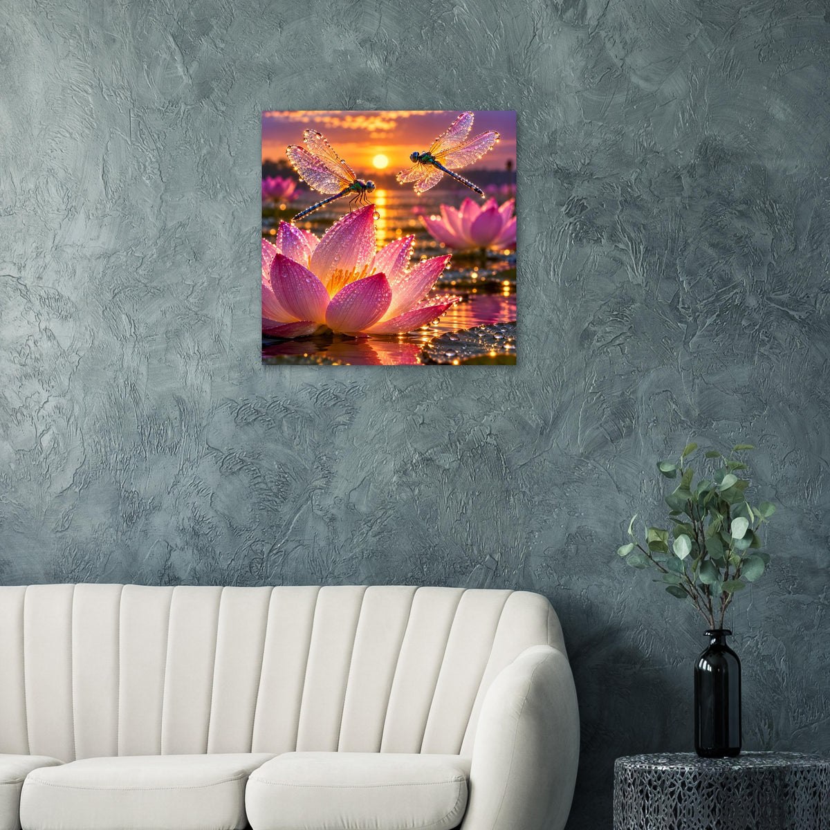 Quadratisches Poster mit pinken Lotusblüten, drei Libellen und orangefarbenem Himmel