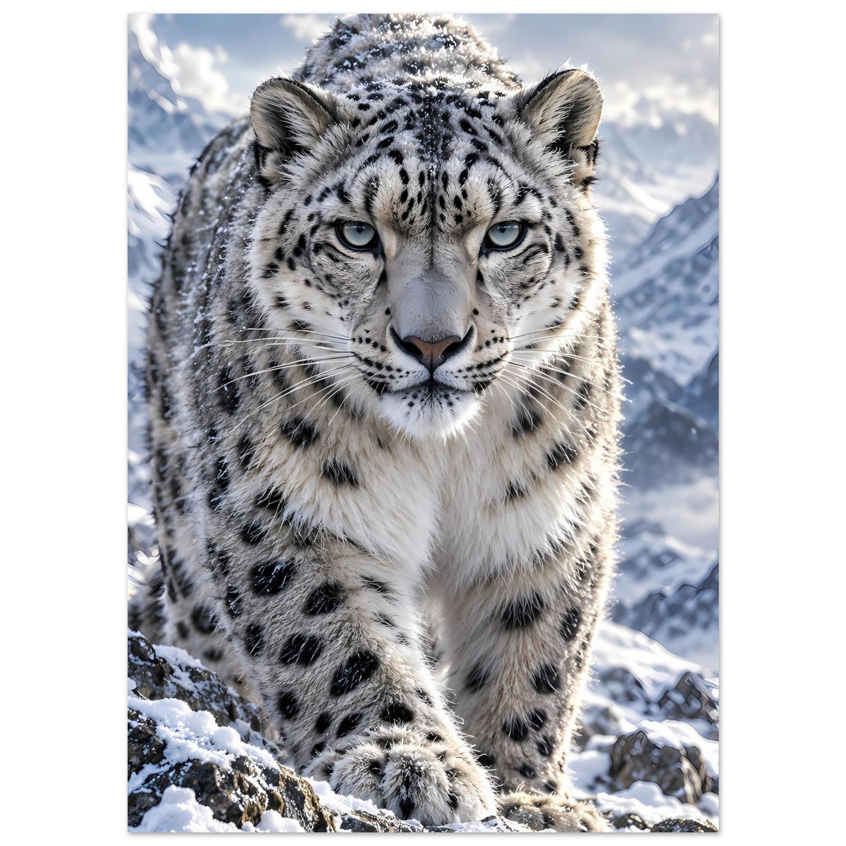 Poster mit Schneeleopard im Schnee, Blick nach vorn, Fell mit schwarzen Sprenkeln