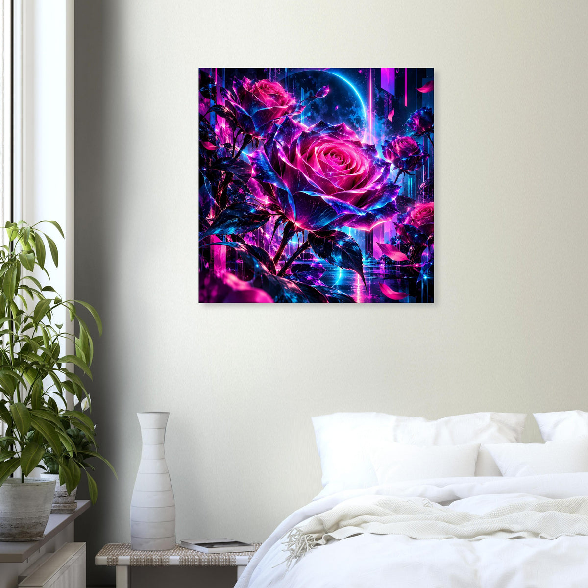 Quadratisches Kunstposter mit leuchtender Neonrose in Pink und Blau, dynamischer Stil