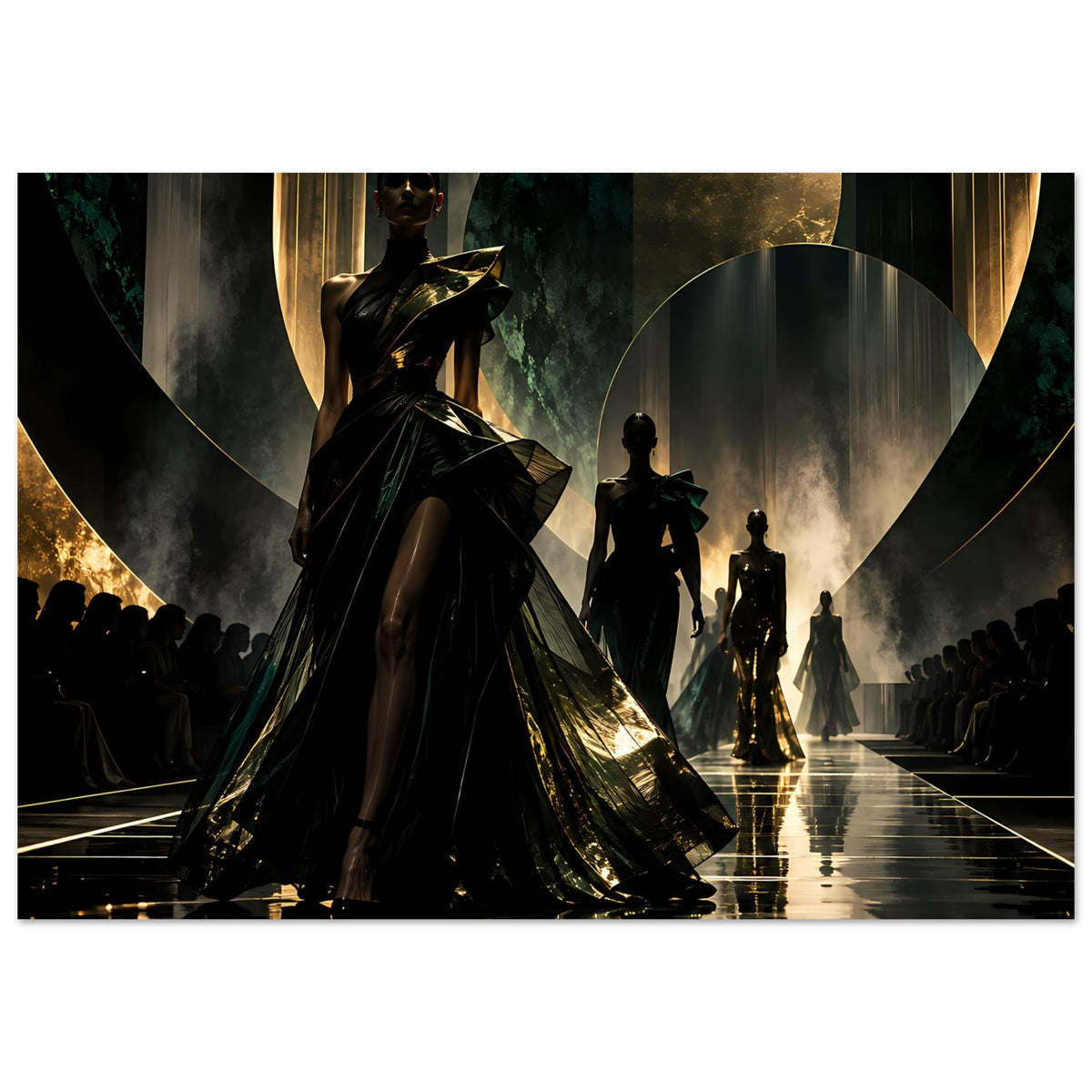 Poster mit Laufstegszene: schwarze, gold akzentuierte Robe im Vordergrund, Figurenreihen dahinter.
