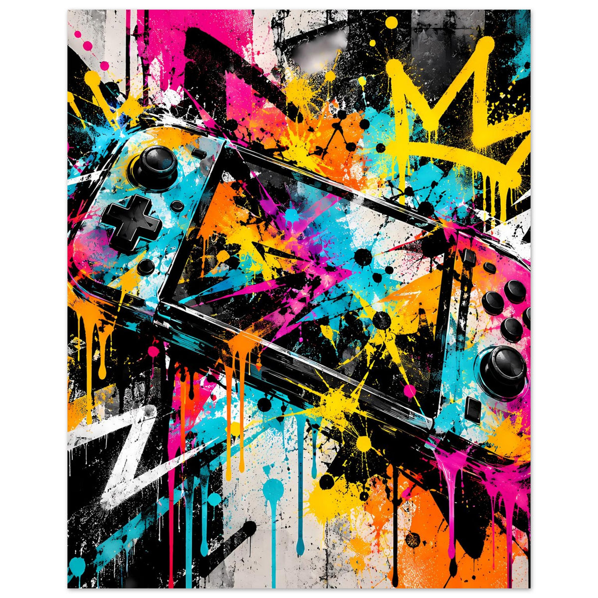 Vertikales Gaming-Graffiti-Poster mit Sprühfarben, Controller-Icons und gelbem Krone-Icon
